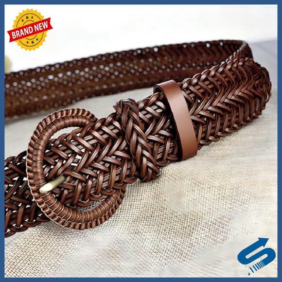Women\'s Wide Braided Leather Belt 1.6 Inch Hand-Woven Waistband with Buckle main image 5